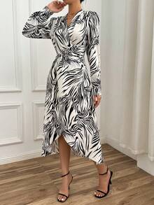 SHEIN Privé Allover Print Belted Wrap Dress - Black and White - View 6