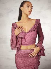 SHEIN BAE Women's Flower Jacquard Ruffle Hem Flare Sleeve Back Bow Tie Crop Top