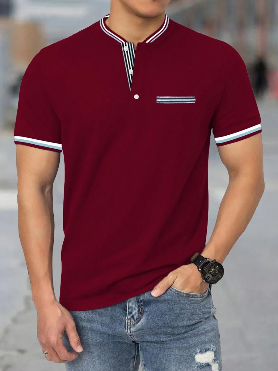 Manfinity Homme Men's Striped Short Sleeve Polo Shirt - Burgundy - View 1
