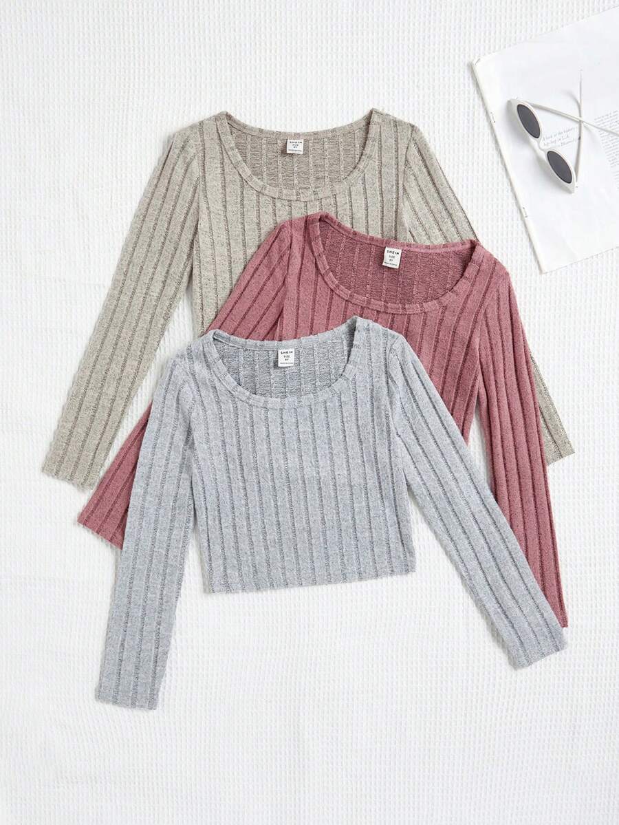 青少女3入組彈性條紋長袖T卹 - 杏色 - 查看 1