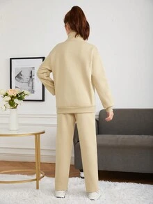 Two-Piece Set Of Teenagers Girls Casual Drop Shoulder Sweatshirt And Sweatpants Set Fall Winter - Apricot - View 2