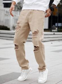 Manfinity Homme 男士破洞牛仔直腿長款撕裂磨損卡其色裸裝印花牛仔褲，時尚外出必選 - 卡其色 - 查看 5