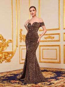 女露肩開叉閃亮美人魚正裝晚禮服,露腿 - 咖啡棕 - 查看 5