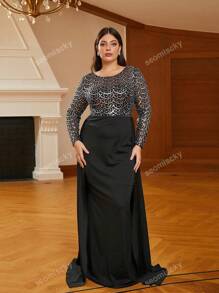 Plus Size Sequined Mesh Contrast Double-Layered Hem Evening Dress