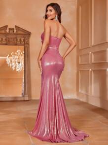 Shiny Pleated Detail High Slit Strapless Gown - Hot Pink - View 2