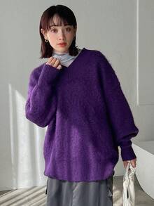FRIFUL 女士純色v領毛衣 - 紫色 - 查看 9