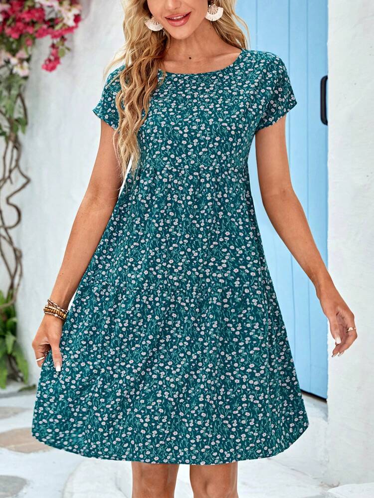 Women Ditsy Floral Round Neck Short Sleeve Casual Summer Vacation Dress
