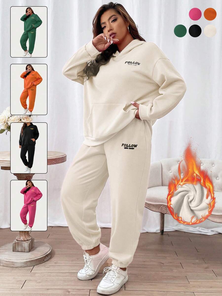 Flirla Plus Pouch Pocket Letter Graphic Hoodie & Joggers - Apricot - View 1