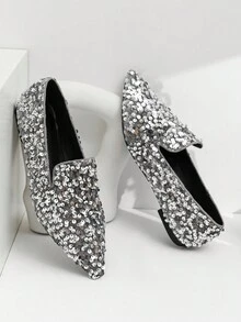 Fashionable Ladies' Silver Glitter Pointed-toe Flat Shoes, Versatile Style - Silver - View 2