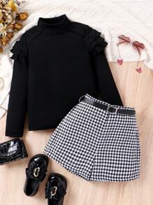 SHEIN Tween Girl Ruffle Trim Tee & Houndstooth Print Shorts Without Belt