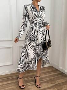 SHEIN Privé Allover Print Belted Wrap Dress - Black and White - View 1