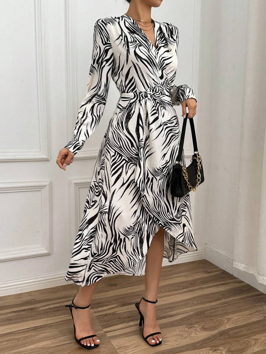 SHEIN Privé Allover Print Belted Wrap Dress - Black and White - View 1