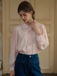 Simple Retro 心形刺繡領長袖襯衫粉色上衣
