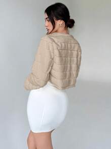 SHEIN Privé Date Night Open Front Crop Fuzzy Jacket - Apricot - View 3