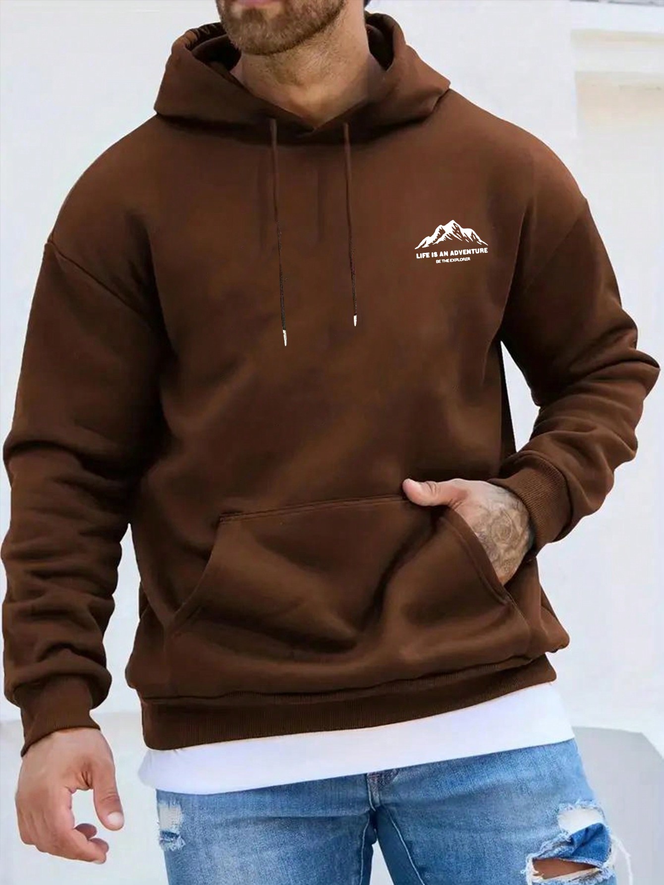 Men's Casual Mountain Slogan Print Drawstring Thermal Lined Hooded Sweatshirt, Autumn Winter