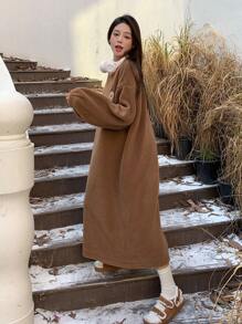 Dazy Star Letter Embroidery Drop Shoulder Teddy Dress - Brown - View 6