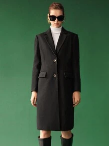 BizChic Lapel Neck Flap Detail Overcoat - Black - View 2