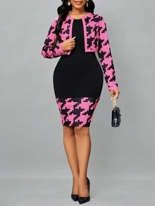 SHEIN Lady Houndstooth Print Open Front Jacket & Bodycon Dress - Hot Pink - View 3
