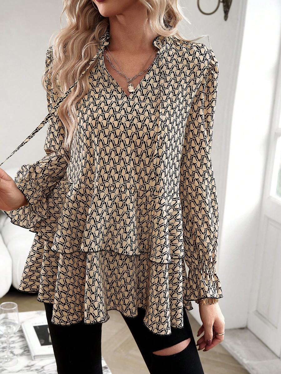 SHEIN VCAY Tay áo dài Tất cả In Áo sơ mi Với Viền Ruffle - Màu Khaki - Xem 1