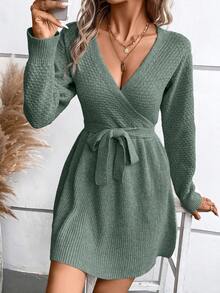 SHEIN Frenchy 單色v領裙子,蓬蓬裙底和腰部打結 - 綠色 - 查看 5