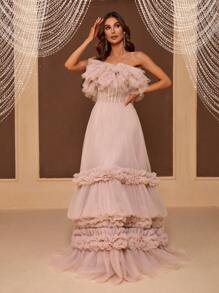 SHEIN Belle Off Shoulder Layered Mesh Ruffle Cake Dress For Women's Formal Evening Dress - Pink - View 6