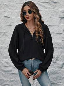 SHEIN LUNE 女士純色下垂肩拉鍊半扣繩口帽衫 - 黑色 - 查看 5