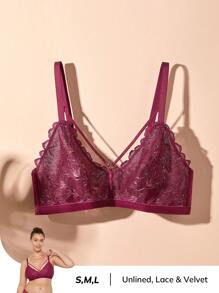 LUVLETTE Lingerie Velvet Lace Unlined V-Neck Sexy Bralette - Burgundy - View 12