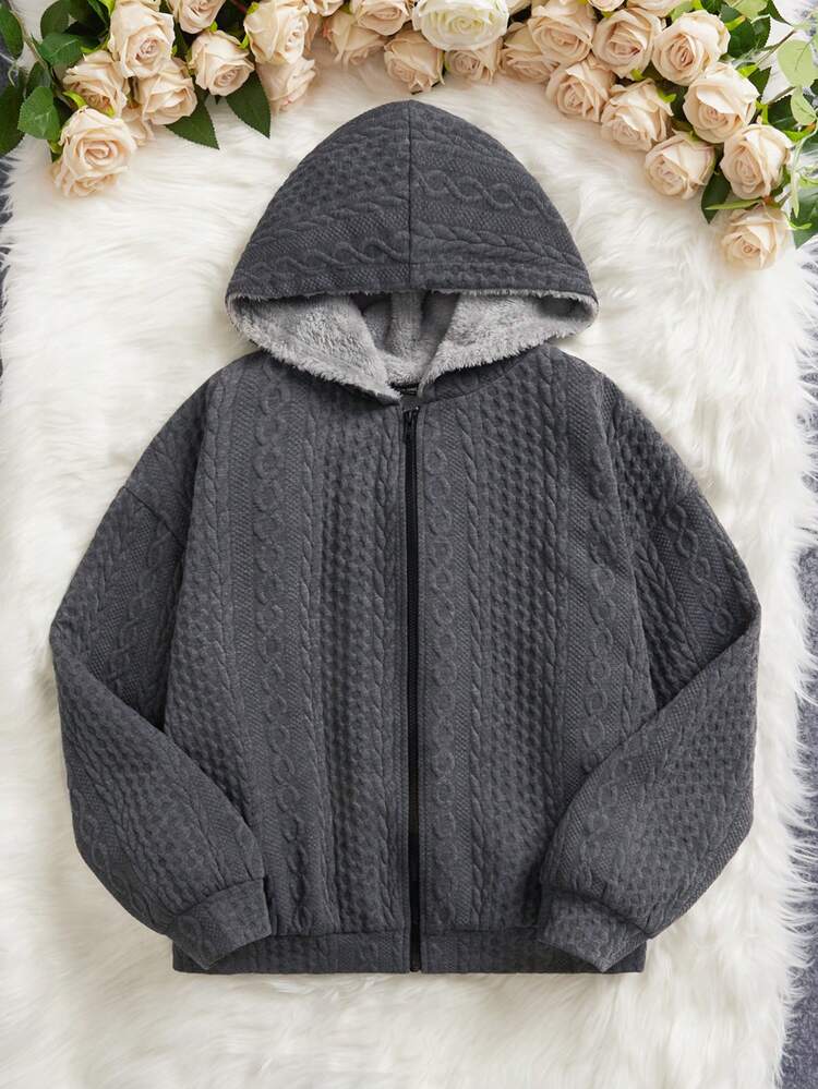 Plus Zip Up Drop Shoulder Hooded Teddy Lined Coat