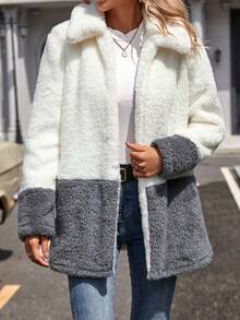 SHEIN LUNE 女款拼色絨毛翻領大衣 - 彩色 - 查看 3