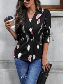 SHEIN Clasi Feather Print Lapel Neck Blazer - Black - View 6