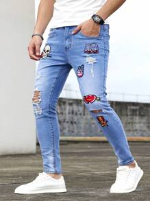 Manfinity LEGND Men Cotton Heart & Skull Patched Detail Ripped Skinny Jeans - Light Wash - View 1