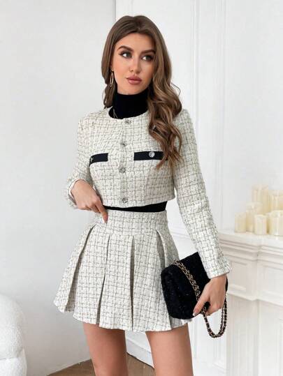 Firerie Plaid Print Button Front Crop Jacket & Pleated Mini Skirt Two Piece Skirt Set