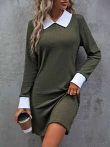 SHEIN Unity 黑色針織連身裙,秋冬季腰部收緊及彼得潘領設計 - 軍綠色 - 查看 3