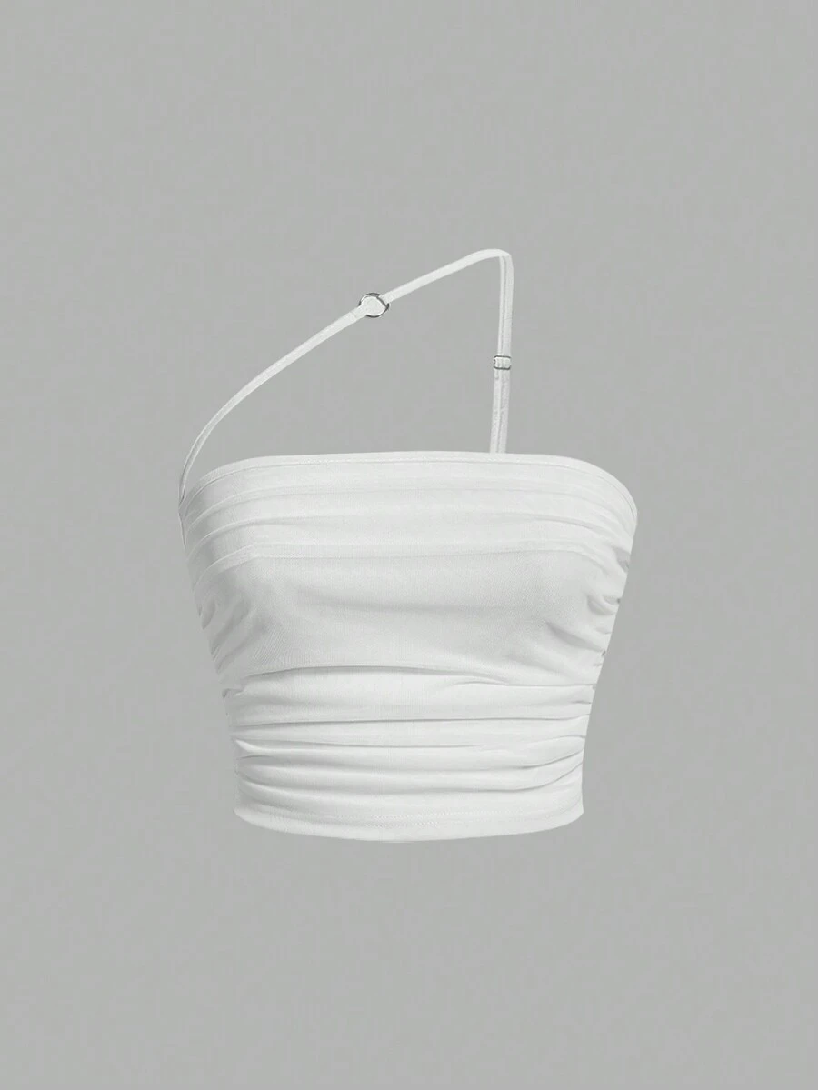 SHEIN MOD Pleated Asymmetric Collar Top - White - View 1