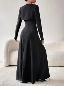 SHEIN EZwear 時尚黑色無肩帶披肩領長袖禮服,底擺飄裙款 - 黑色 - 查看 2