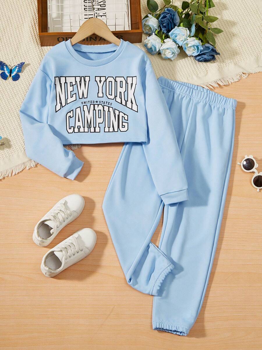 SHEIN Tween 女孩字母圖案短款運動衫和運動褲 - 藍色 - 查看 1