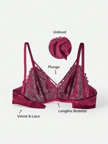 LUVLETTE Lingerie Velvet Lace Unlined V-Neck Sexy Bralette - Burgundy - View 3