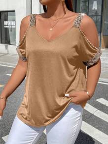 Celure Plus Contrast Tape Cold Shoulder Tee Graphic Tees Women Tops - Camel - View 5