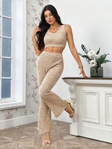 SHEIN Privé Women's Knit Tank Top And Flare Leg Pants