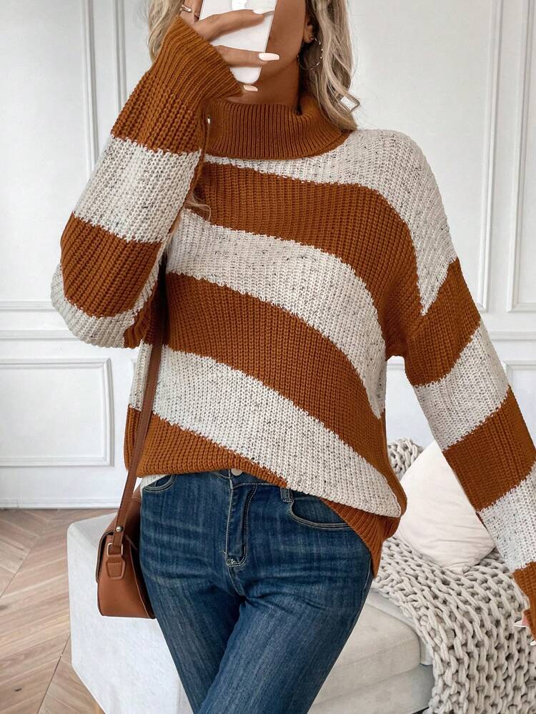 Two Tone Turtleneck Drop Shoulder Knit Pullover Fall Winter Sweater