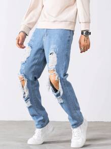 Manfinity Roughcore Bărbați Bumbac Decupat rupte zgârieturi de pisică zgârieturi Blugi cu picioare drepte Jean lung largi Cargo uni Albastru deschis Going Rock and Roll Friends