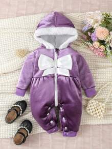 女嬰韓式毛絨羊毛連帽拉鍊連身褲,秋冬 - 紫色 - 查看 1