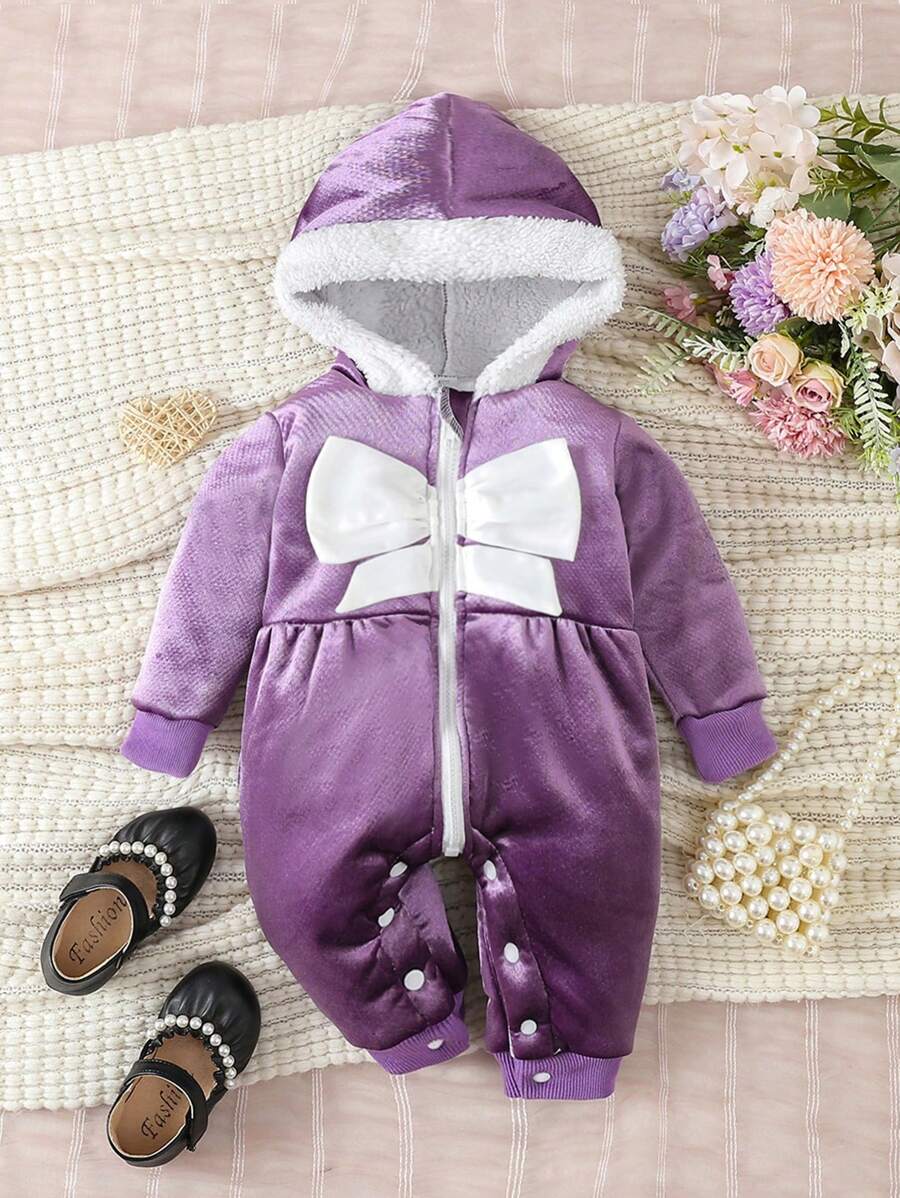 女嬰韓式毛絨羊毛連帽拉鍊連身褲,秋冬 - 紫色 - 查看 1