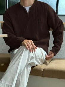DAZY Suéter con cremallera delantera y hombros caídos para hombres, atuendo de negocios sin camiseta - Marrón - Ver 2