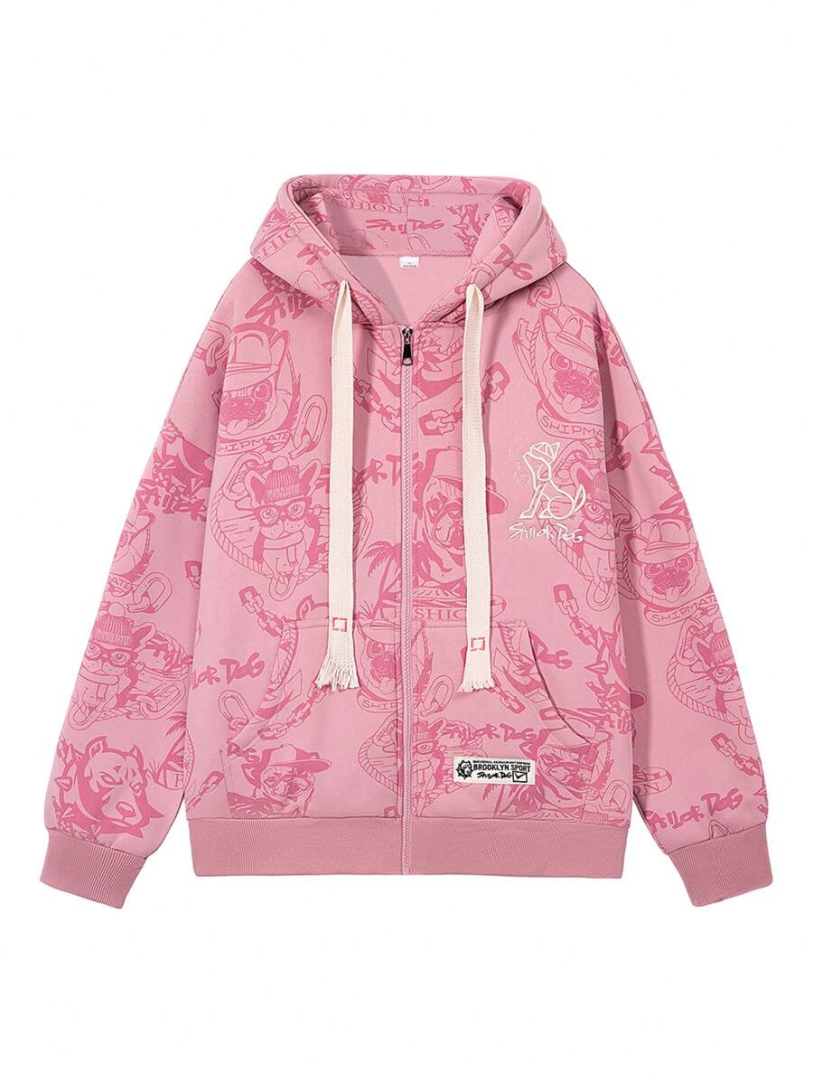 Men Cartoon Graphic Zip Up Drawstring Hooded Thermal Lined Sweatshirt - Pink - View 1
