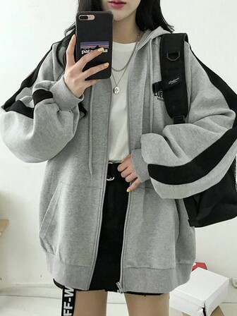 Casual Letter Print Hooded Zip-Up Sweatshirt Jacket