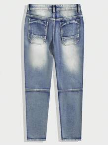 ROMWE MEN Grunge Punk Guys Flap Pocket Side Cargo Jeans - Blue and White - View 8