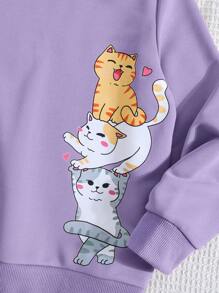 SHEIN Girls' Cute Printed Cat Sweatshirt For Autumn And Winter - Purple - View 3