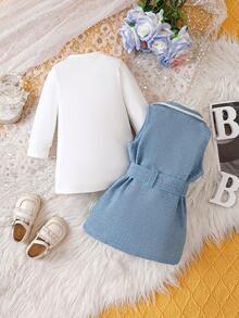 寶寶女孩秋冬套裝,無袖斜紋外套和針織長袖裙