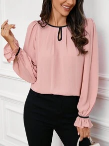 SHEIN Clasi Của phụ nữ Tương phản Nếp uốn Cạnh Ngắn tay Áo sơ mi - Hồng - Xem 1